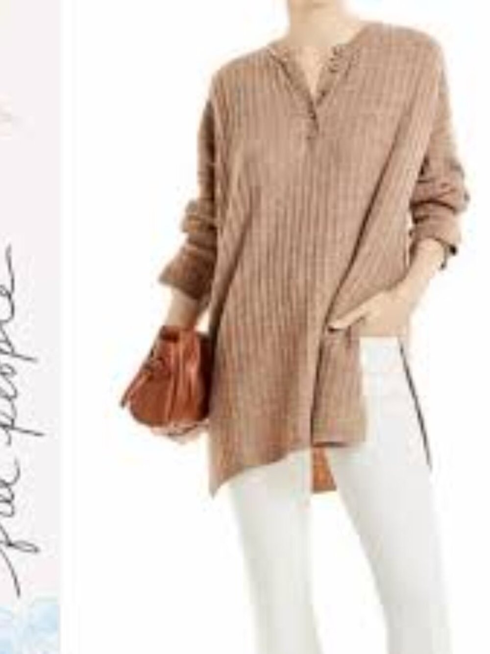 Free People Around The Clock Pullover Ribbed Henley Tunic Sweater Tan Size M EUC